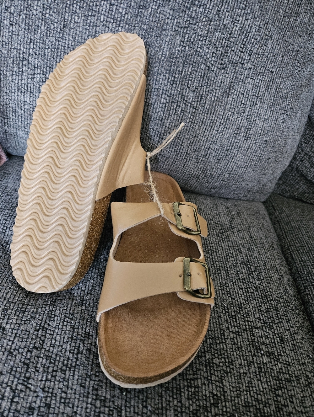 Women’s Double-Buckle Tan Slide Sandals with Cushioned Footbed